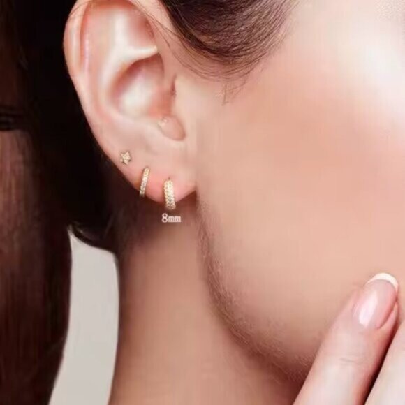 Chunky Gold Pave Huggie Hoop Earrings  8 or 10mm CZ Huggies 18K Gold PRETTY - Picture 7 of 14